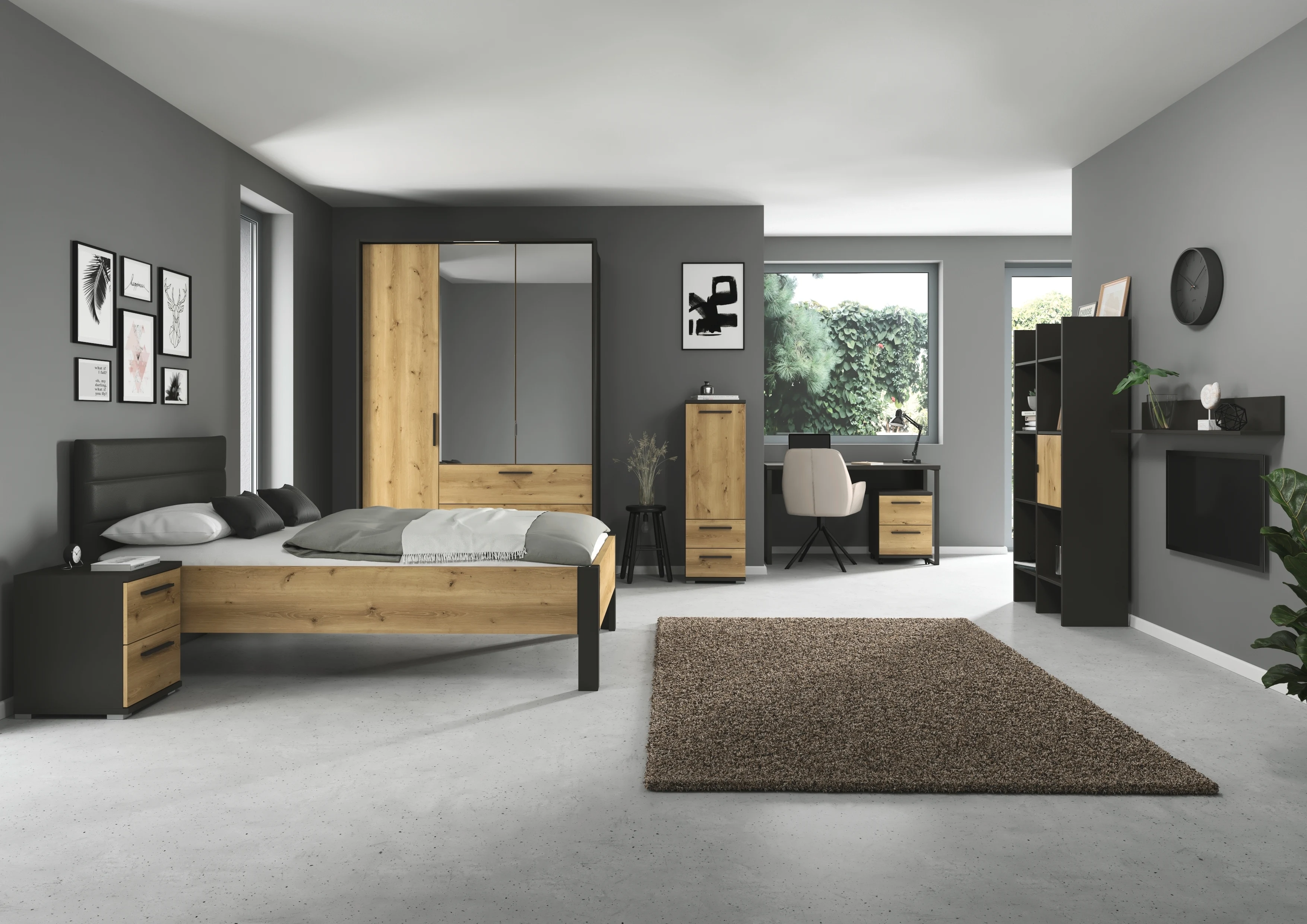 Modern eingerichtetes Jugend-Schlafzimmer mit Bett, Kleiderschrank, Schreibtisch und Holz-Elementen in Grau-Beige-Tönen